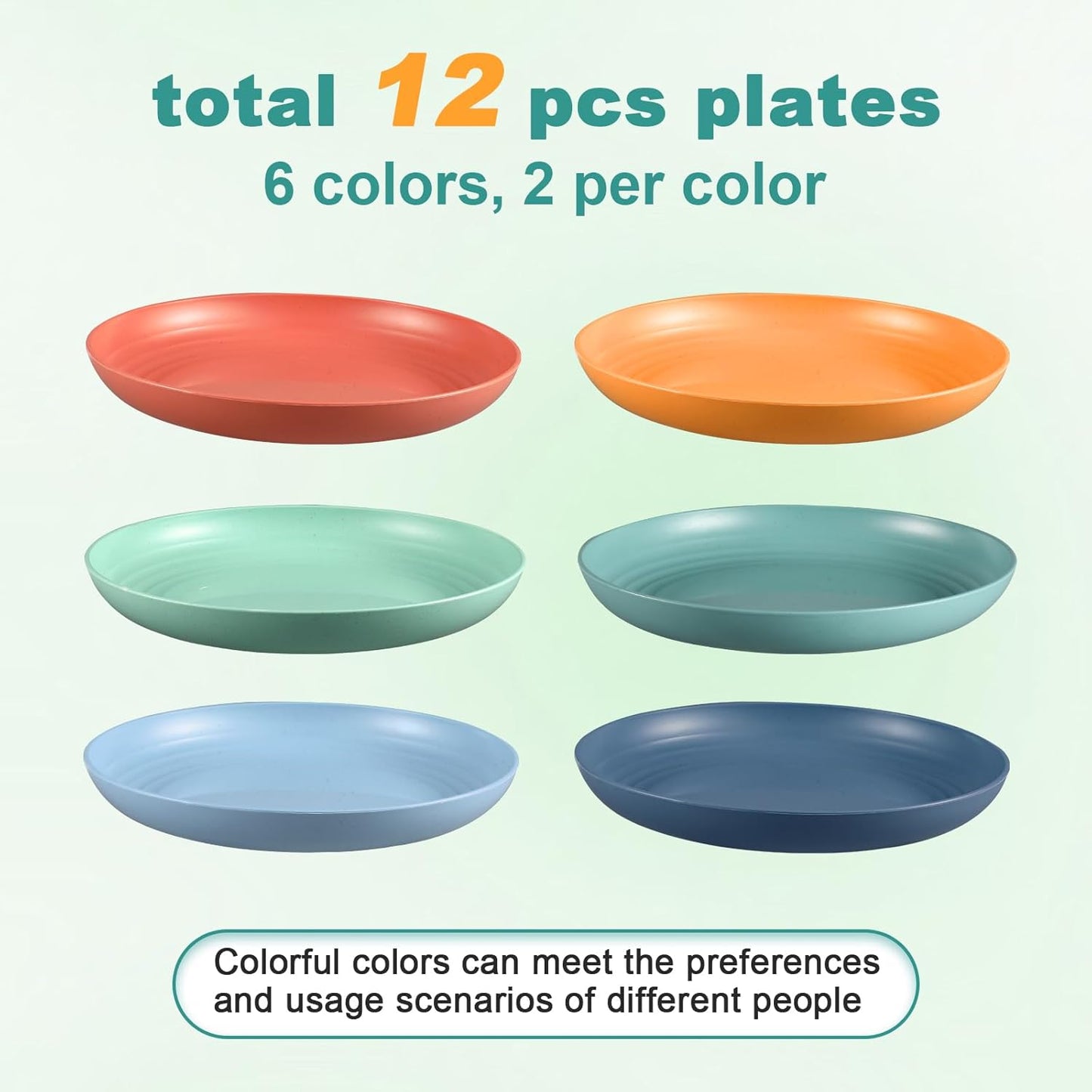 12 Pcs Unbreakable Deep Dinner Plates Set, 10 inch Reusable Plastic Wheat Straw Plates, Microwave and Dishwasher Safe Plate for Kitchen, Lightweight Plate for Dessert, BPA Free, 6 Colors