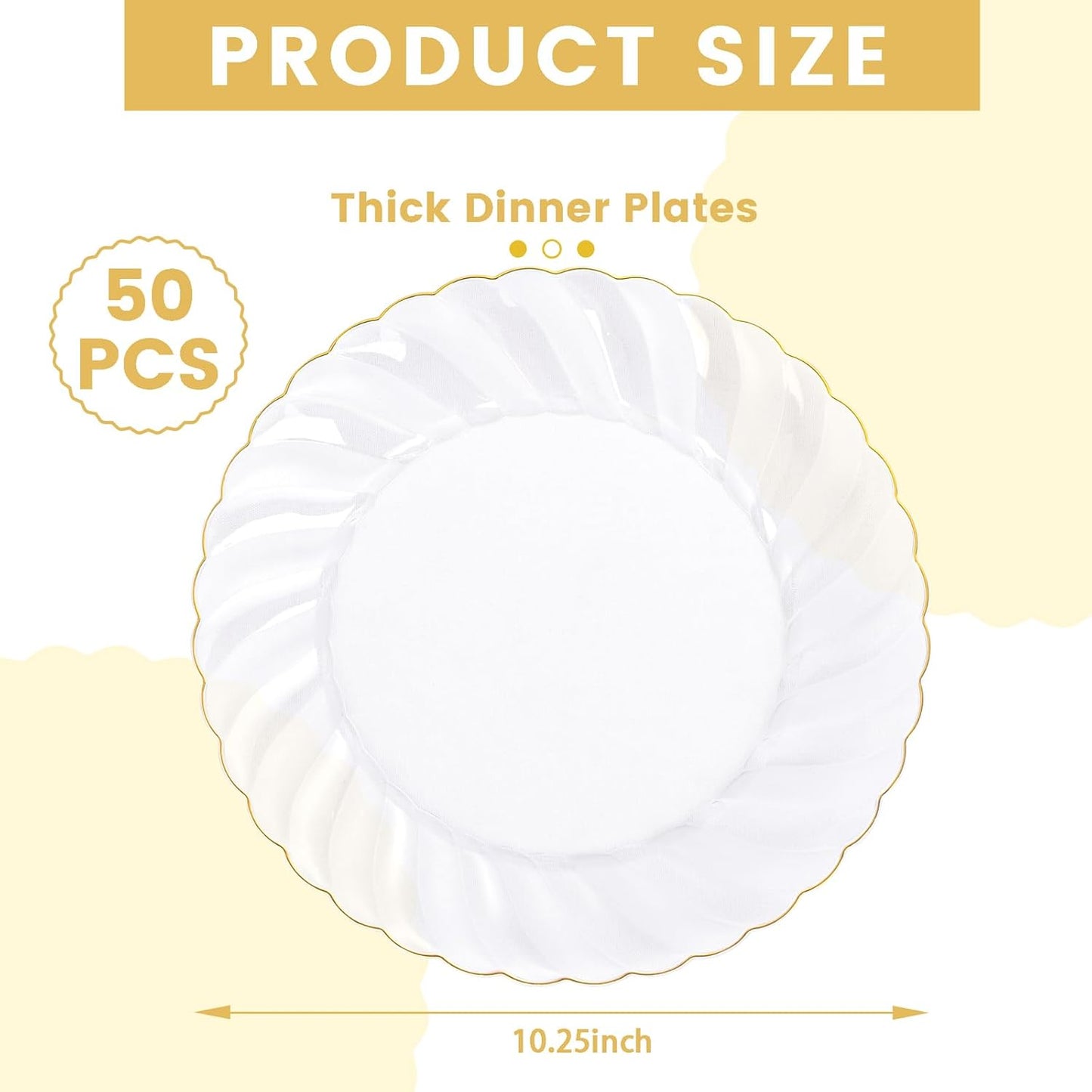 YOUBET 50 Pack Clear Scalloped Plastic Plates - 10.25 Inch Clear Gold Disposable Plates - High End Elegant Vintage Dinner Plate for Party & Weeding & Birthday & Thanksgiving