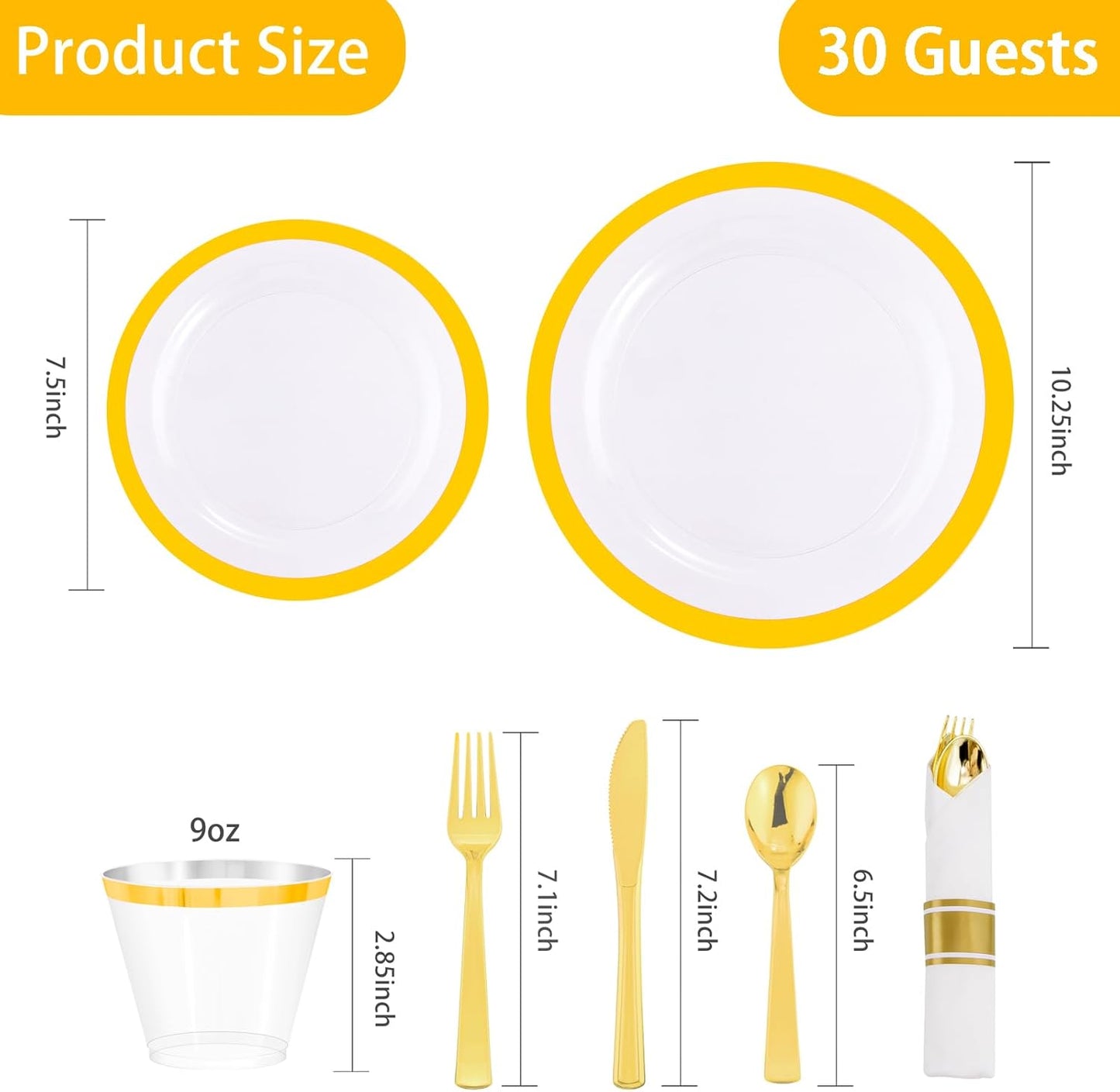 I00000 210 Pcs Clear Plastic Plates,Gold Disposable Plates,Include 30 Dinner Plates 10.25'',30 Dessert Plates 7.5'',30 Gold Rim Cups 30 Pre Rolled Napkins with Plastic Cutlery for Thanksgiving
