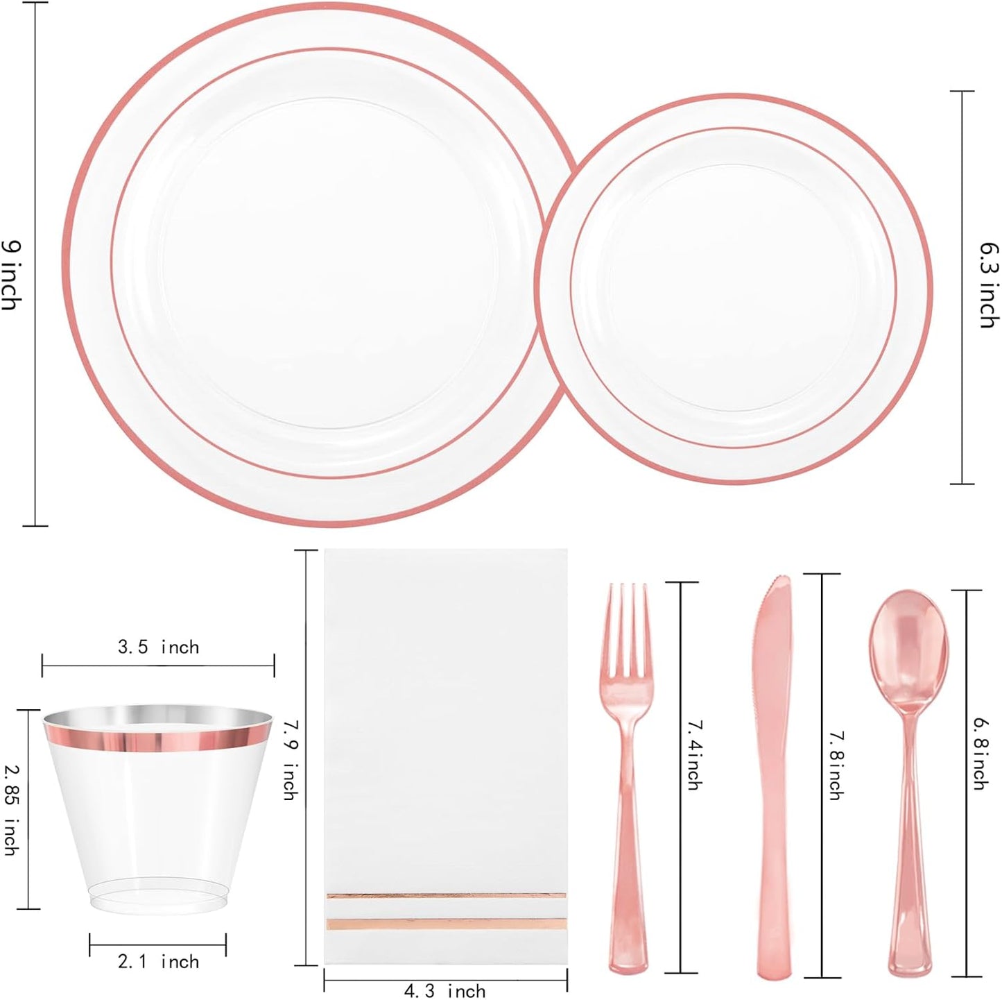 GATHER 350PCS Rose Gold Plastic Plates - Disposable Rose Gold Dinnerware Includes 100 Clear Rose Golds Rimmed Plastic Plates, 150 Silverware, 50 Napkins, 50 Cups for Party, Wedding