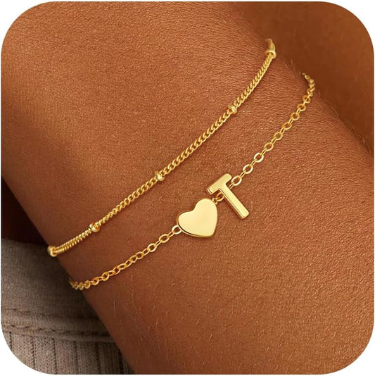 Christmas Gifts for Grandkids Teens Girls, 14K Gold Plated Heart Initial Bracelets for Women Girl Dainty Gold Bracelets Birthday Gifts Stocking Stuffers for Teen Girls Women Jewelry