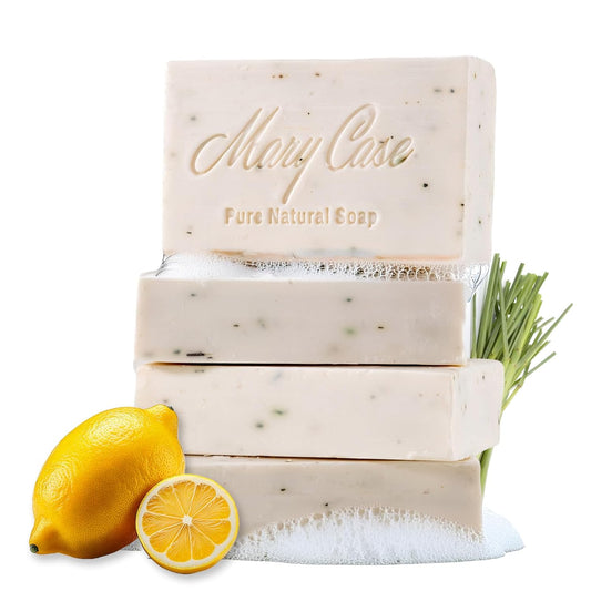 Mary Case All Natural Bar Soap for Men & Women (Set of 4) - Lemon Bath Soap Bar with Olive and Coconut Oils & Dried Lemongrass - Vegan Bath Soaps for Balancing Oily Skin & Boosting Vitality