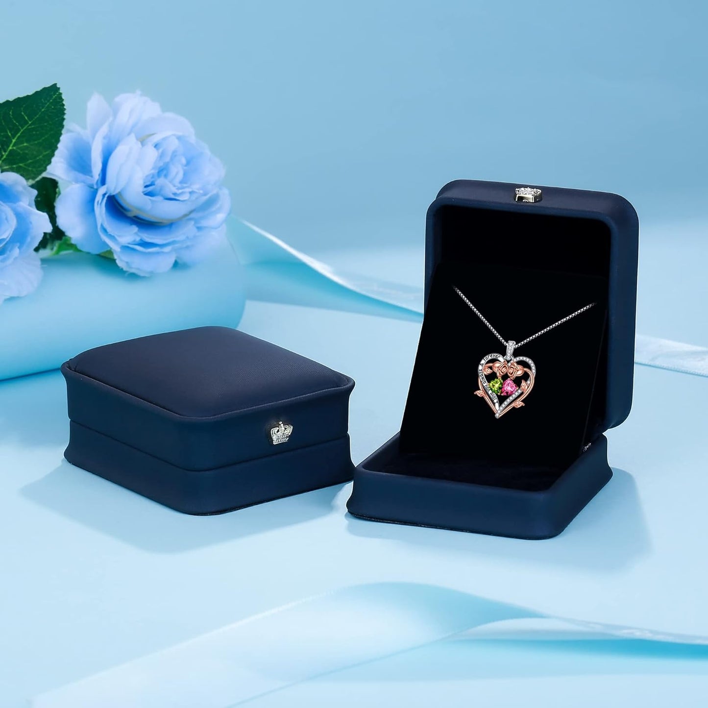 Iefil Rose Heart Double Birthstone Necklace Gifts for Wife Her Mom Women, Birthstone Jewelry Gemstone Birthday Gifts for Girlfriend Grandma Her Wife Women