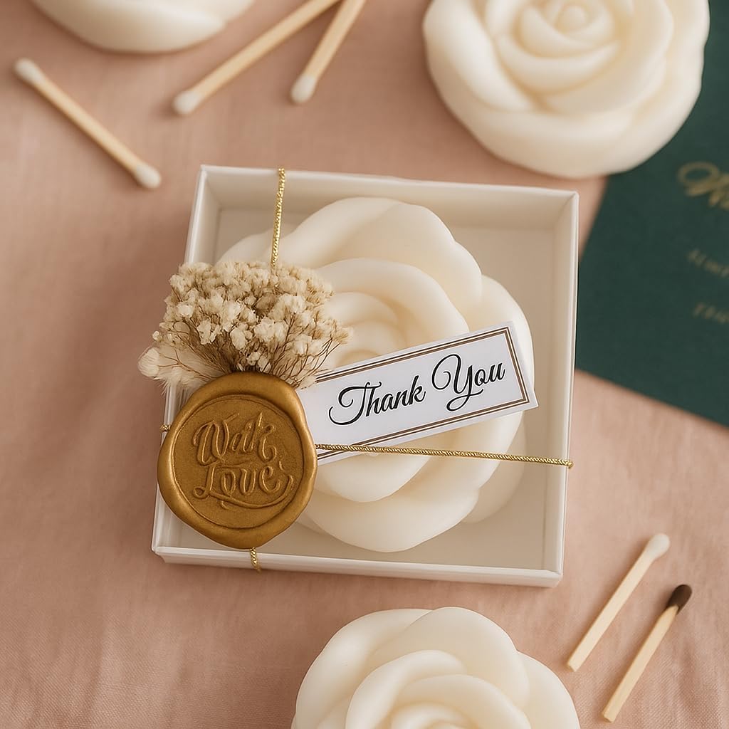 White Rose Petal Soy Wax Candles in Bulk – Rose Candle Wedding Favors for Guests, Personalized Candle Favors for Bridal Shower & Baby Shower Gifts – Dried Flower & Wax Seal Design (10 Pieces)