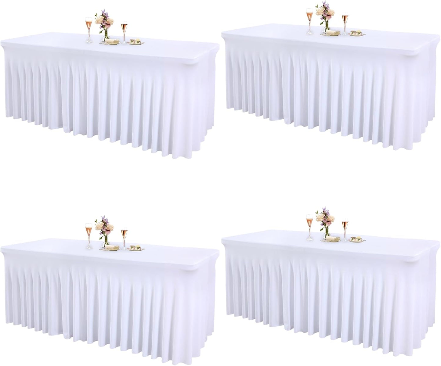 4 Packs White Table Clothes for 8 Foot Rectangle Tables, One-Piece Wrinkle Resistant Stretch Spandex Table Covers with Skirt for Event Banquet Wedding Birthday Party