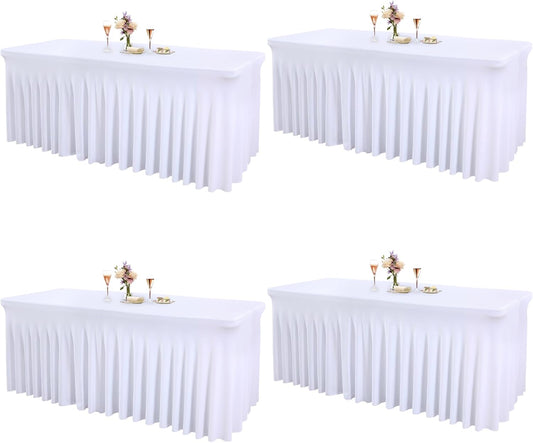 4 Packs White Table Clothes for 8 Foot Rectangle Tables, One-Piece Wrinkle Resistant Stretch Spandex Table Covers with Skirt for Event Banquet Wedding Birthday Party