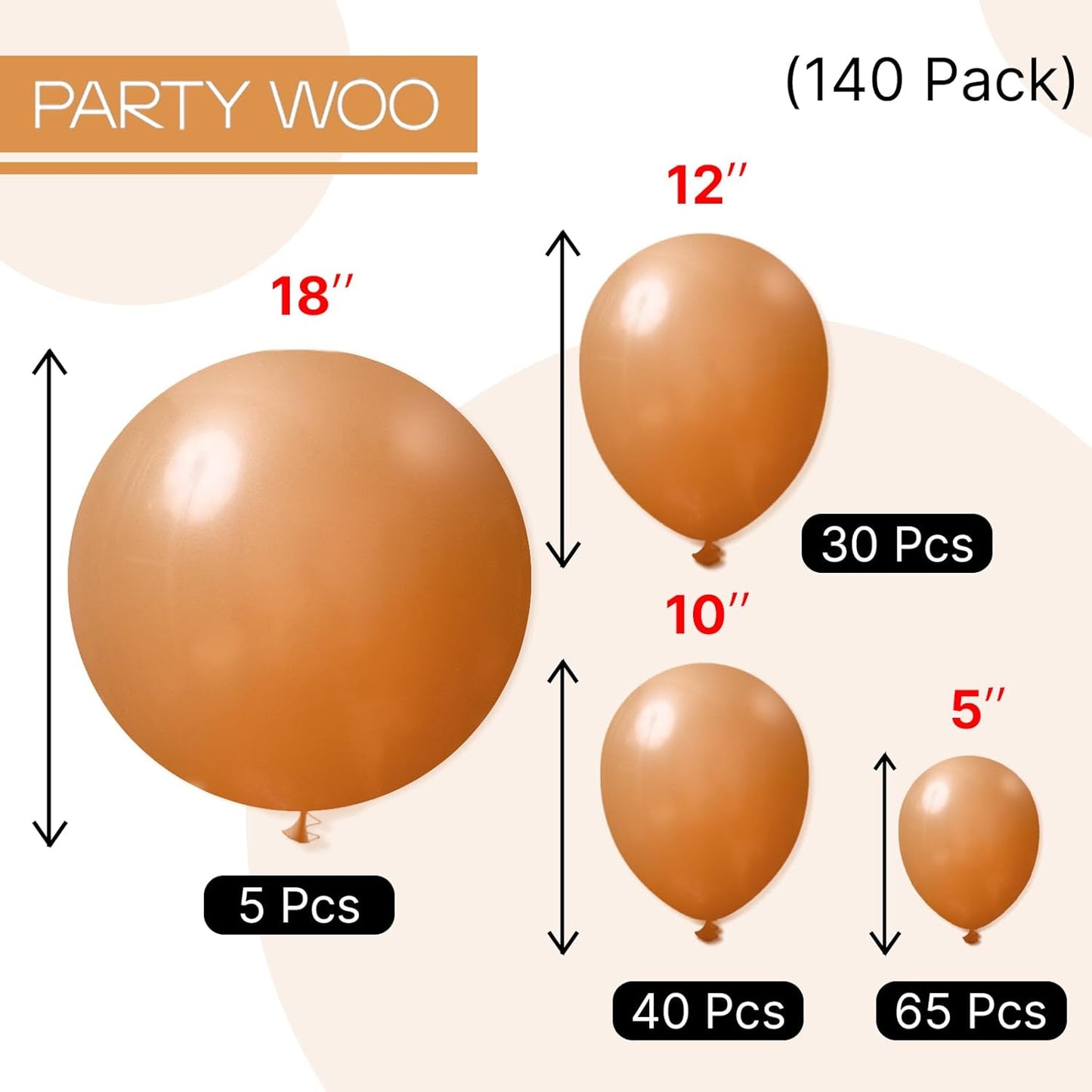 PartyWoo Tan Brown Balloons 140 pcs Different Sizes of 18 12 10 5 Inch Boho Neutral Light Coffee Fall Latex Balloon Arch Kit for Birthday Safari Boy Baby Shower Jungle Party Decorations Brown-F10