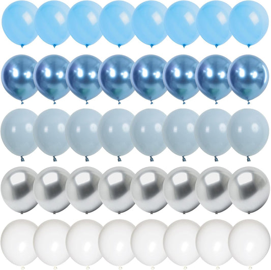 60 Pcs Baby Blue and Silver Balloons, 12 Inch Light Blue Dusty Pale Blue White Latex Balloons with Chrome Metallic Silver Party Balloons for Boys Baby Shower Baptism Winter Birthday Party Decorations