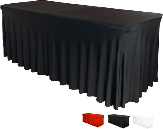Table Skirt for Rectangular Tables 8ft - Spandex TableCovers for Standard 8 Foot Table - One Piece Fitted Elastic Tablecloth - Wrinkle Resistant Ruffles Design for Weddings, Party, Events (Black)