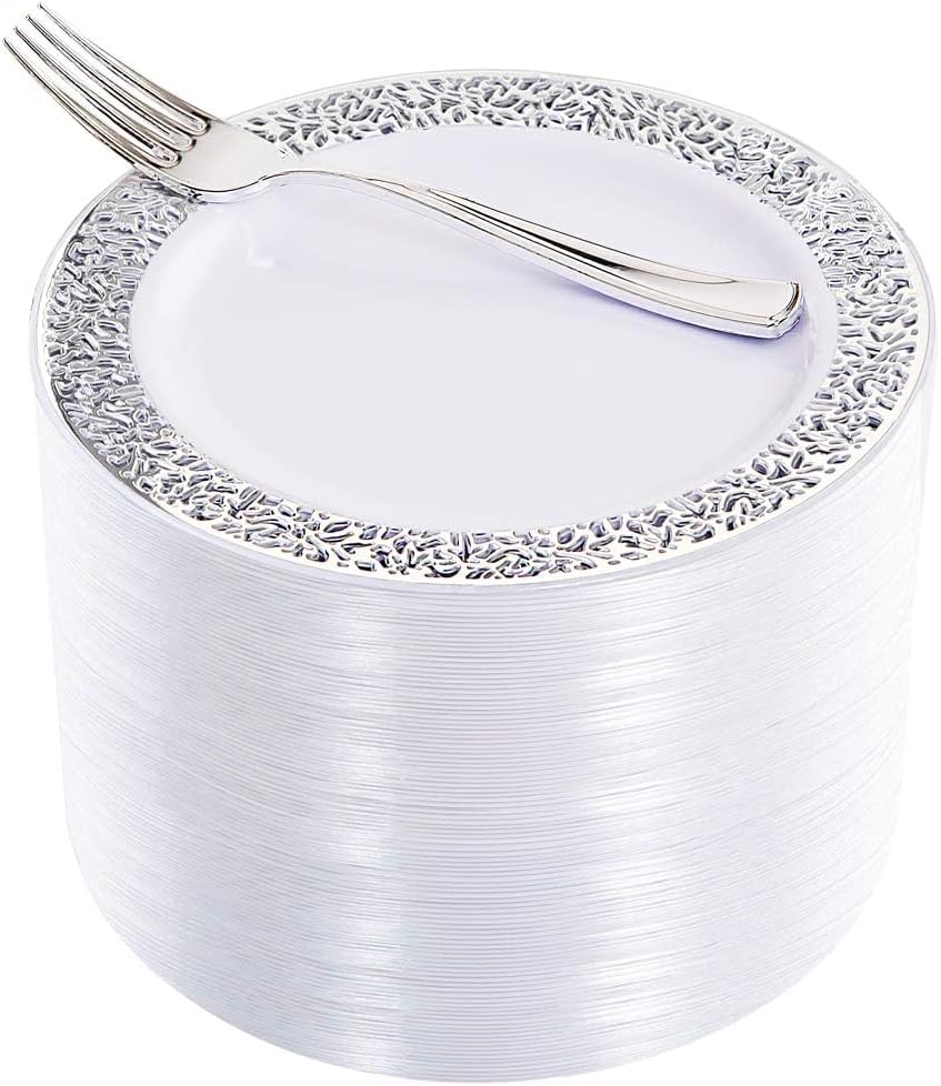 WDF 100pcs Silver Plastic Dessert Plates 7.5" with 100 Pieces Disposable Forks 7.4", Silver Plates Appetizer Plates Small Plates, Fancy Salad Plate and Cake Plate for Christmas Party/Wedding