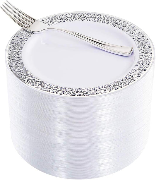 WDF 100pcs Silver Plastic Dessert Plates 7.5" with 100 Pieces Disposable Forks 7.4", Silver Plates Appetizer Plates Small Plates, Fancy Salad Plate and Cake Plate for Christmas Party/Wedding