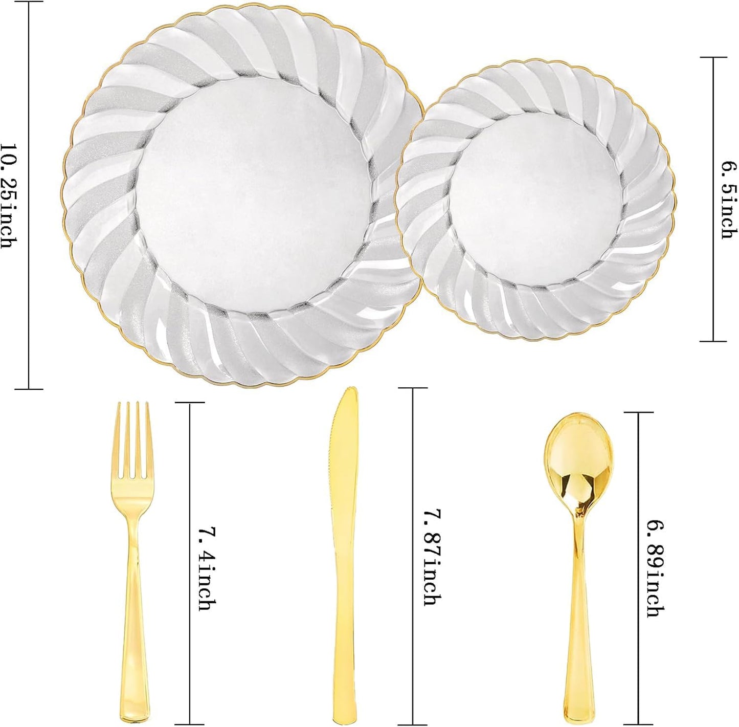 YOUBET 125PCS Clear Black Plastic Plates - Black and Gold Disposable Plates Include 50 Plate, 75 Silverware for Wedding & Party & Birthday