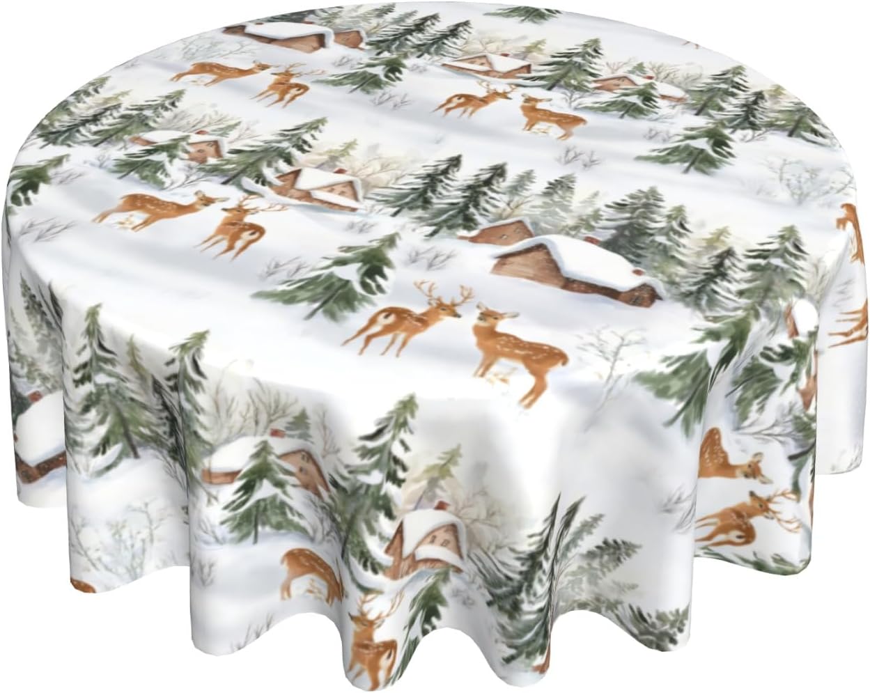 Giwawa Winter Deer Round Tablecloth- 60Inch Christmas Reindeer Elk Trees Table Cover- Xmas Snow Scene Farmhouse Table Cloth Heat Stain Resistant for Kitchen Dining Holiday Indoor Outdoor Decor