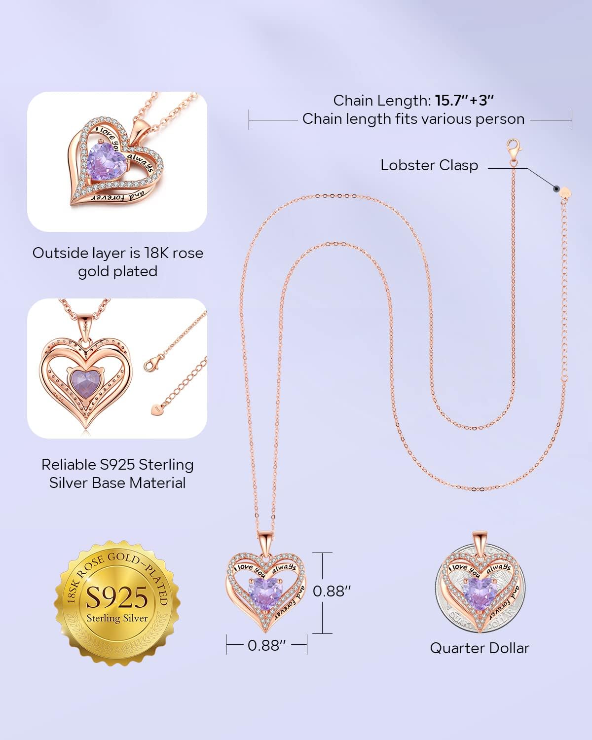 S925 Sterling Silver Necklace for Women, Wife Jewelry Rose Gold, Mom Birthday Valentines Mothers Day Gifts, Girlfriend Necklaces, Daughter Heart Jewel, Anniversary for Her
