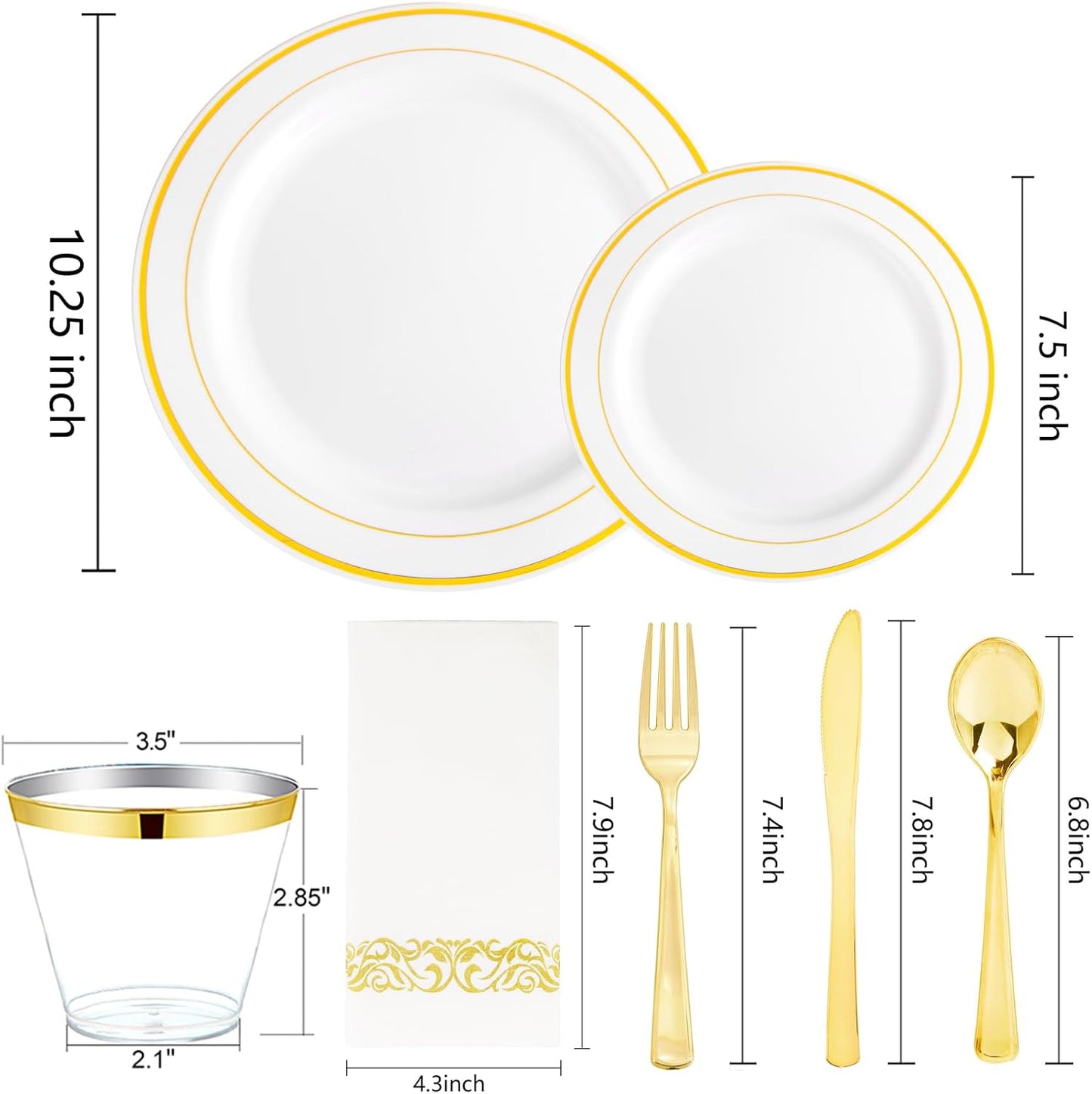 bUCLA 350PCS White and Gold Plastic Plates - Gold Disposable Dinnerware for Include 50 Dinner/Dessert Plates, 50 Forks, 50 Knives, 50 Spoons, 50 Cups & 50 Napkins for Party & Thanksgiving