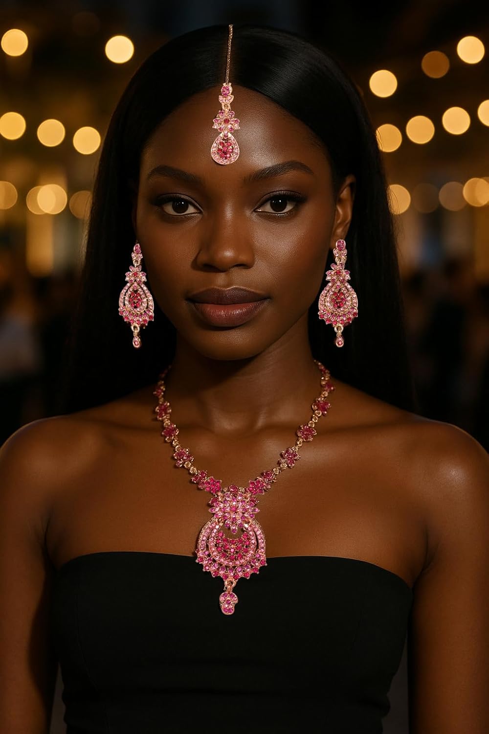 Touchstone Indian jewelry sets for women maang tikka wedding guest gold necklace bollywood jewellery set pageant elegant prom bride accessories western crystal chunky rhinestone necklaces