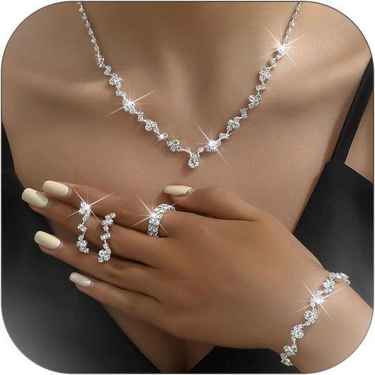 Wedding Jewelry Sets for Brides Rhinestone Necklace and Earring Set Bracelet Ring Gold Silver Prom Jewelry Sets Diamond Flower Teardrop Necklace for Women