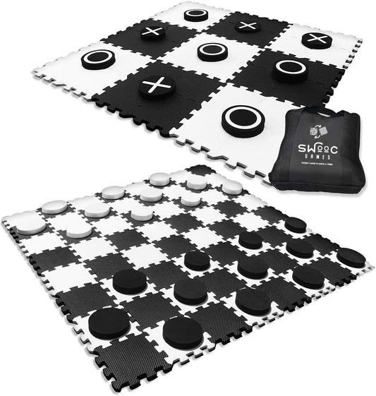 Swooc Games® - 2-in-1 Premium Giant Checkers & Tic Tac Toe Game (4ft x 4ft) - 100% High Density EVA Foam Mat & Pieces - Extra Large Checkers Set with Jumbo Checkerboard and Yard Size Tic Tac Toss