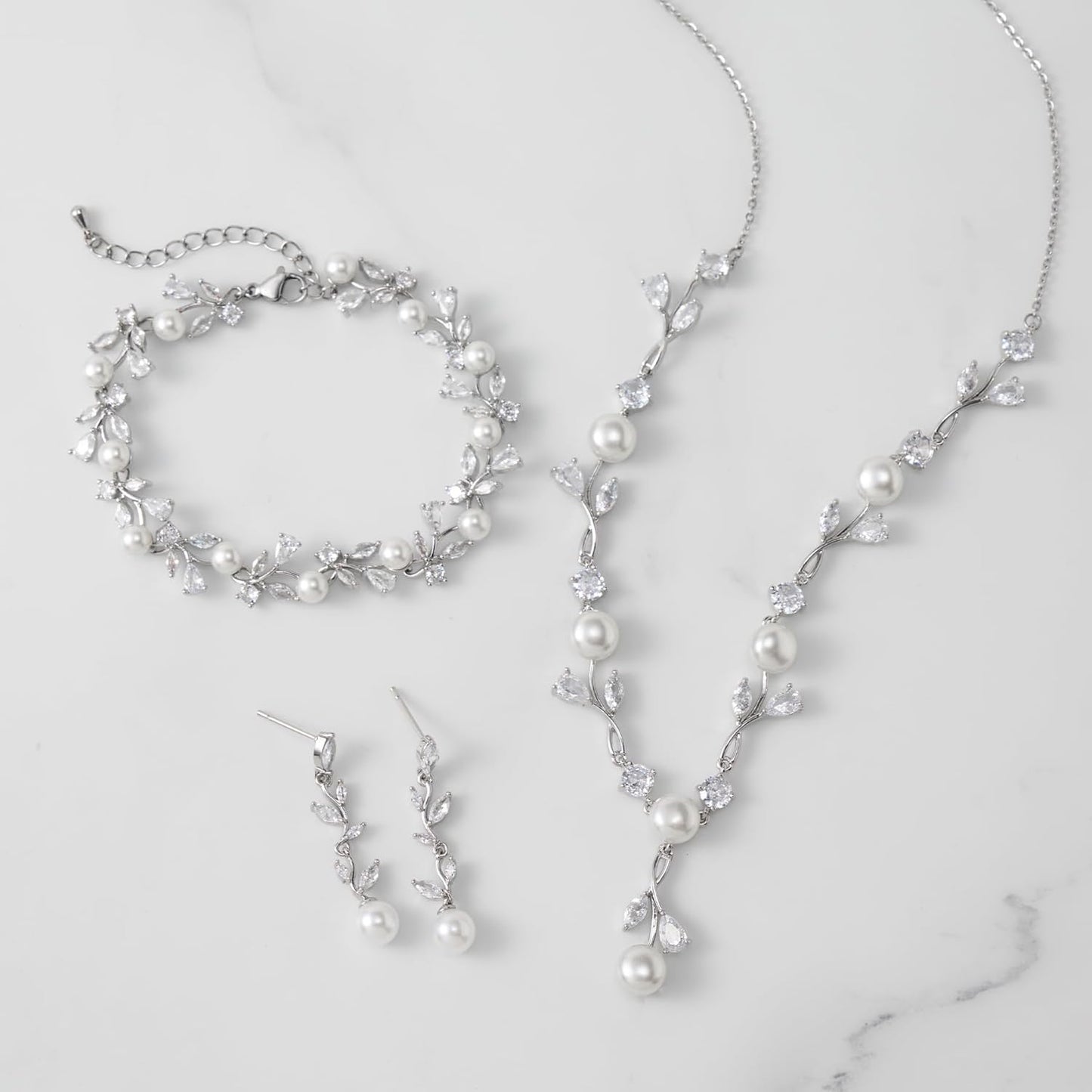 SWEETV Jewelry Set for Bride Women, Cubic Zirconia Pearl Bridal Earrings Necklace Bracelet Set, Bridal Jewelry Set for Wedding Prom