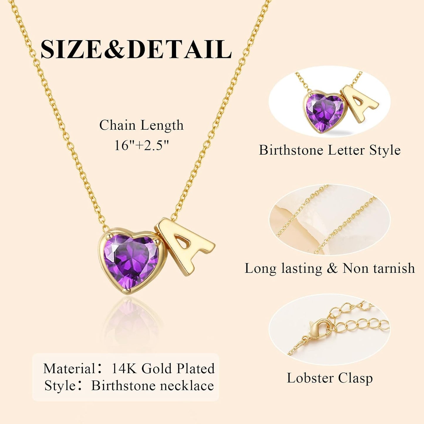 Heart Birthstone Initial Necklace for Women Girls,14K Gold Plated Heart Letter A-Z Necklace Dainty Birthday Trendy Jewelry Gifts for Women Girls Daughter
