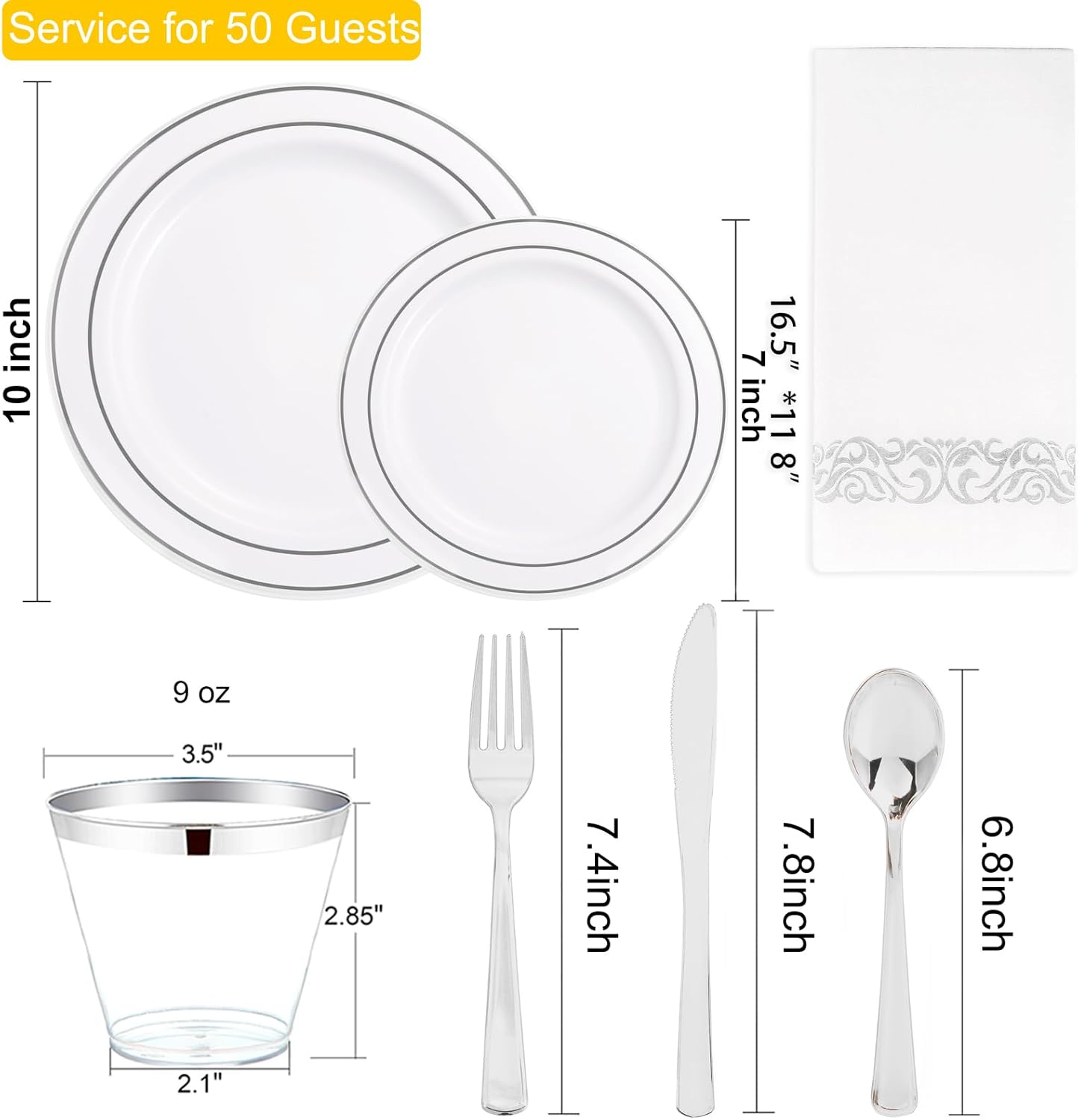 I00000 350Pcs Silver Plastic Dinnerware Set, Plastic Plates Disposable for 50 Guests Include: 100 Silver Rim Plates, 50 Paper Napkins, 50 Cups, 50 Plastic Silverware Set Perfect for Party & Wedding