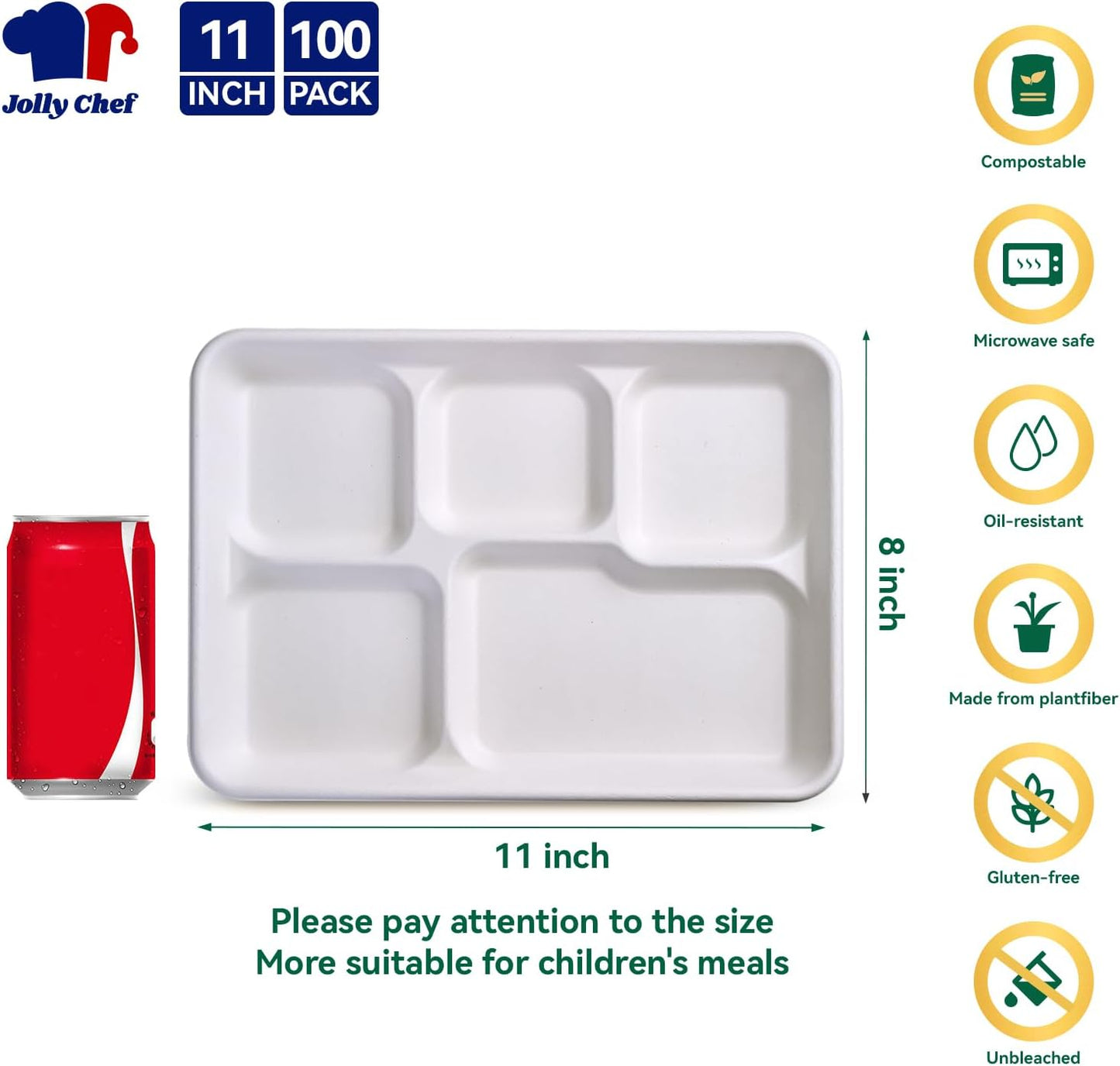 JOLLY CHEF Compostable 𝟱 Compartment Paper Plates 𝟭𝟭 * 𝟴 𝗶𝗻𝗰𝗵 [𝟭𝟬𝟬 𝗣𝗮𝗰𝗸] Heavy Duty White Divided Disposable Plate Eco-Friendly Biodegradable Food Tray for Party Lunch Thanksgiving Day