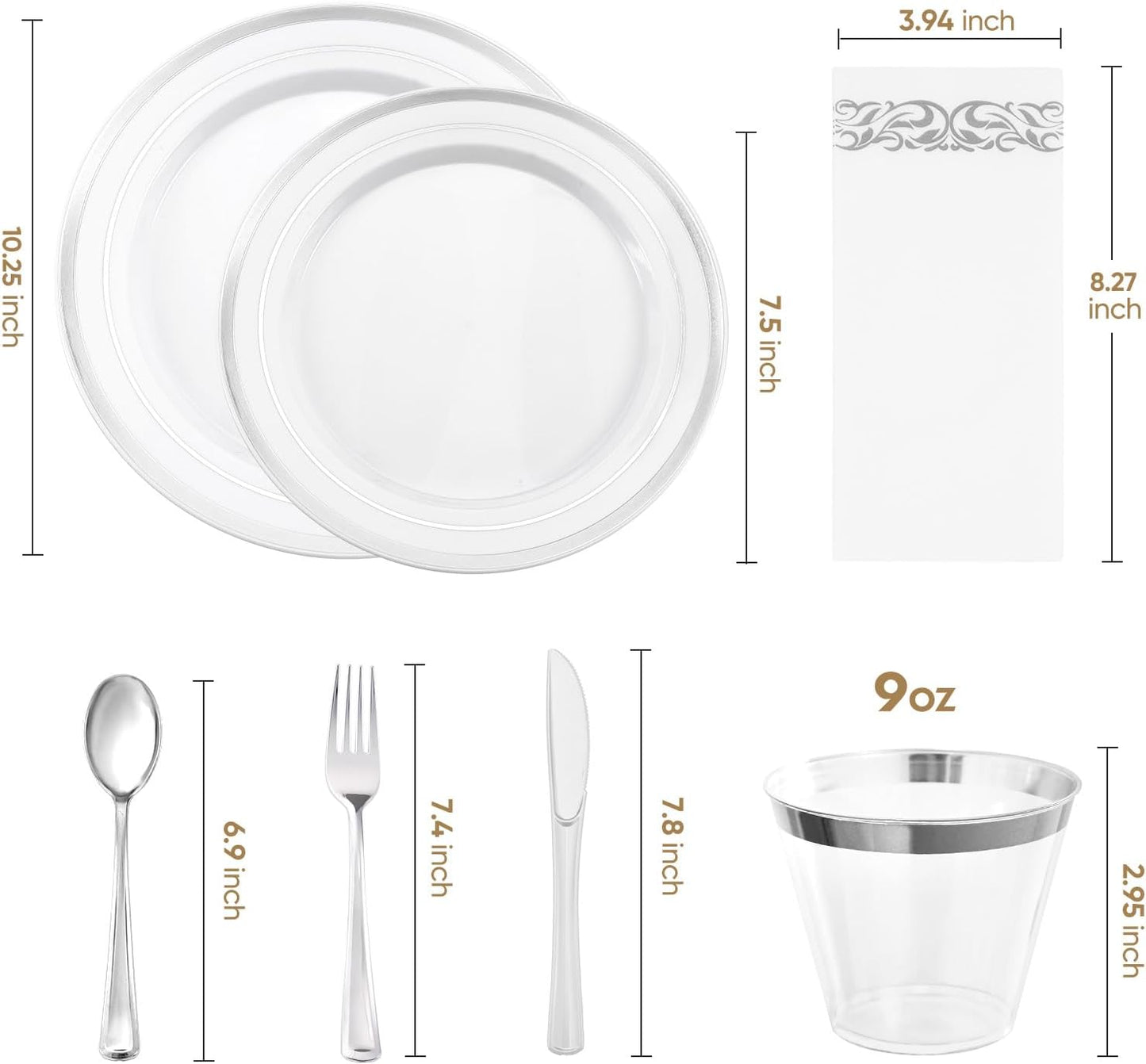 350-Piece Silver Rim Plastic Dinnerware Set for 50 Guests, Elegant Disposable Dinnerware for Party, Wedding. Includes Dinner Plates, Dessert Plates, Silverware, Napkins, Cups