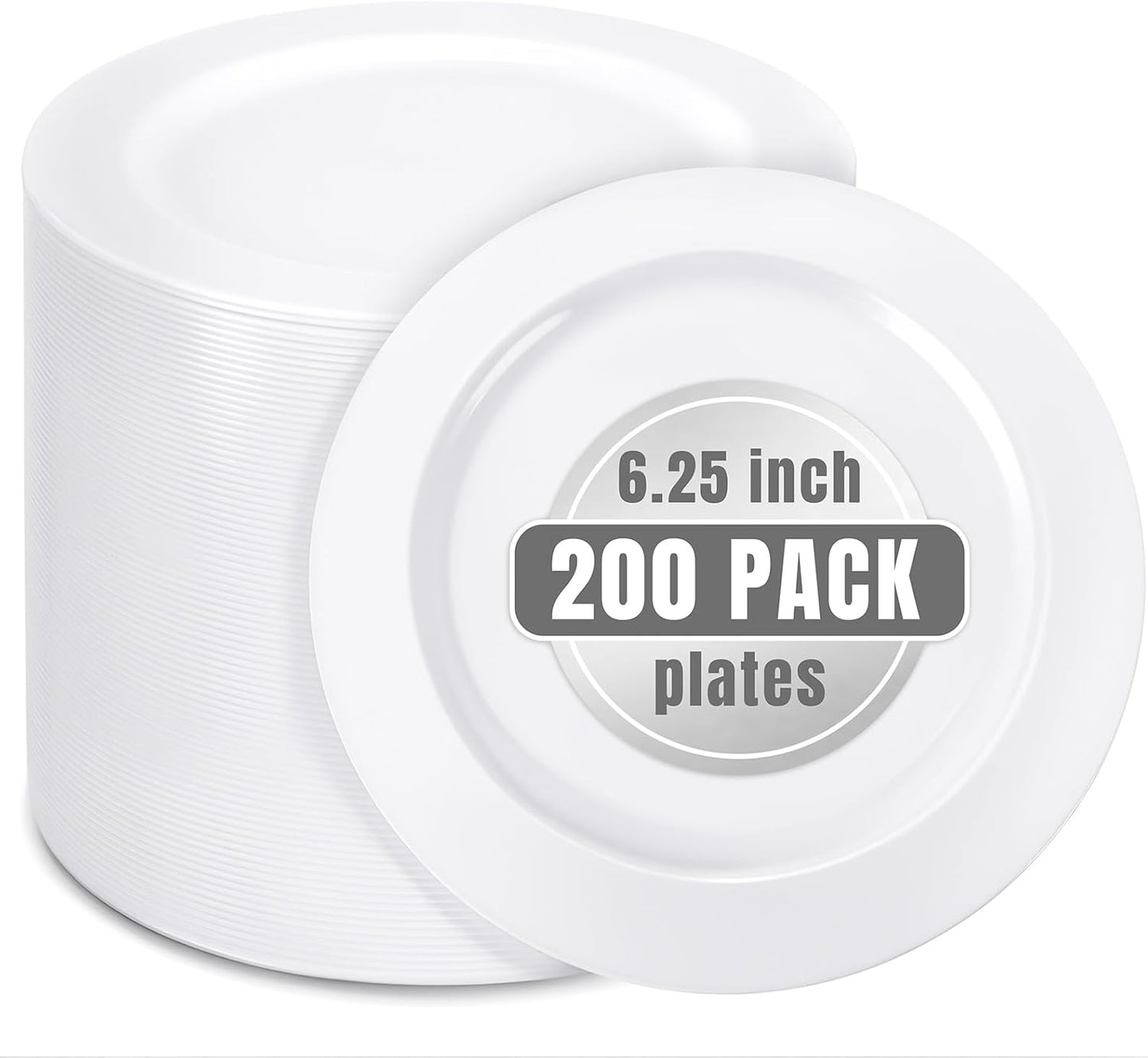 bUCLA 200PCS White Plastic Plates - 6.25inch Disposable Salad/Dessert/Appetizer/Small Cake Plates for Wedding & Party