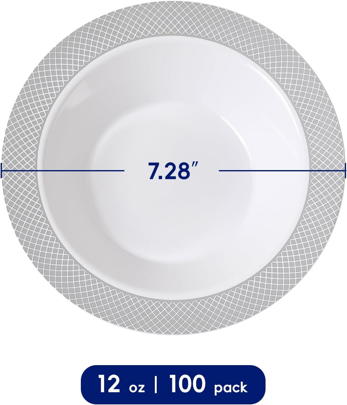 JOLLY CHEF 100 Pack Plastic Bowls with Silver Rim, 12 oz Disposable Soup Bowls, Heavy Duty Dessert Bowls for Weddings, Parties, Dinners, Catering, Thanksgiving and Everyday Use