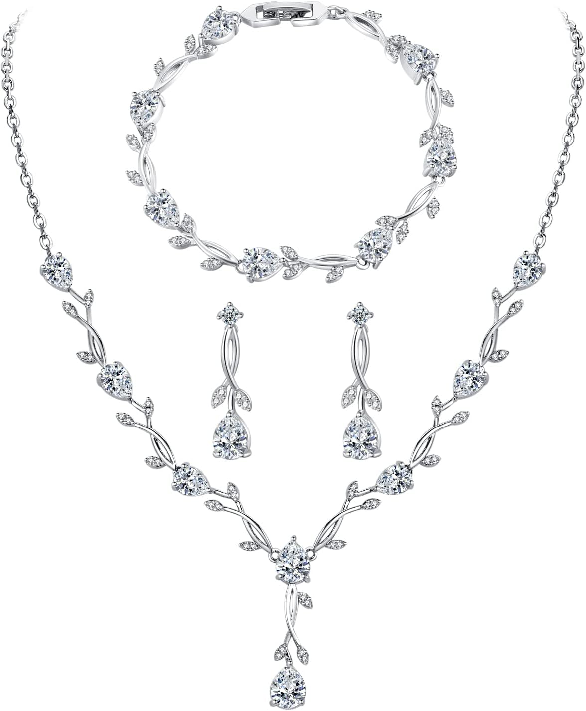 Wedding Silver Jewelry Set for Women Cubic Zirconia Necklace Earrings Bracelet Sets for Bride Wedding Costume Jewelry for Bridesmaid