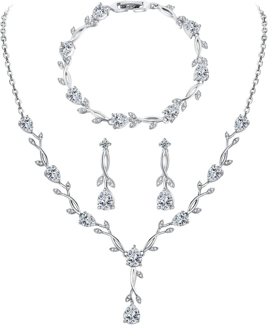 Wedding Silver Jewelry Set for Women Cubic Zirconia Necklace Earrings Bracelet Sets for Bride Wedding Costume Jewelry for Bridesmaid