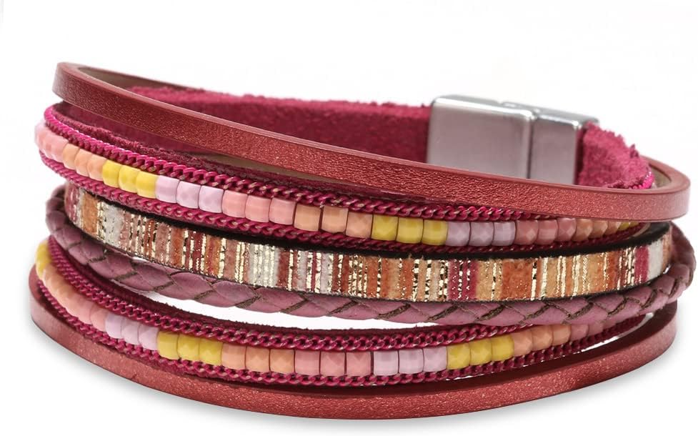 Fesciory Leather Wrap Bracelets for Women, Boho Leopard Multi-Layer Crystal Beads Cuff Bracelet Jewelry