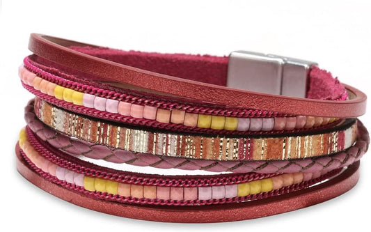 Fesciory Leather Wrap Bracelets for Women, Boho Leopard Multi-Layer Crystal Beads Cuff Bracelet Jewelry