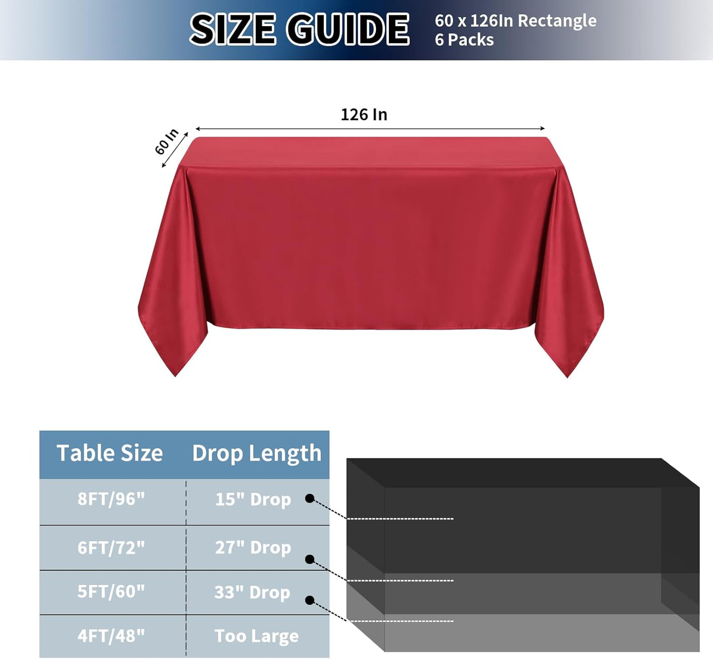 PureFit 6 Pack Red Table Cloths 60 x 126 Inch, Stain and Wrinkle Resistant Table Linen for 6 Ft Rectangle Table, Polyester Table Covers for Dining Table, Wedding, Party, Banquet and Camping