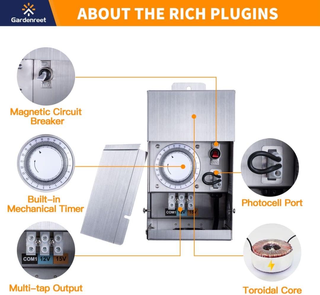 Gardenreet Brass Landscape Lighting Kit (4 Pack LED Spotlights) with 75W Low Voltage Transformer and Mechanical Timer and 100 Feet Cable and 20 Pack Wire Connectors for Outdoor Garden Patio