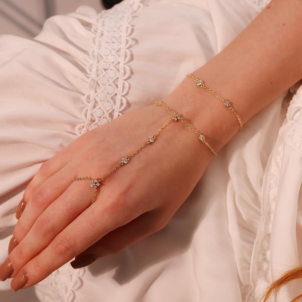 Listine Hand Chain Bracelet 14K Gold Plated Ring Bracelet Hand Chain Trendy Stuff for Women Dainty Hand Bracelets with Finger Ring Hand Jewelry for Women