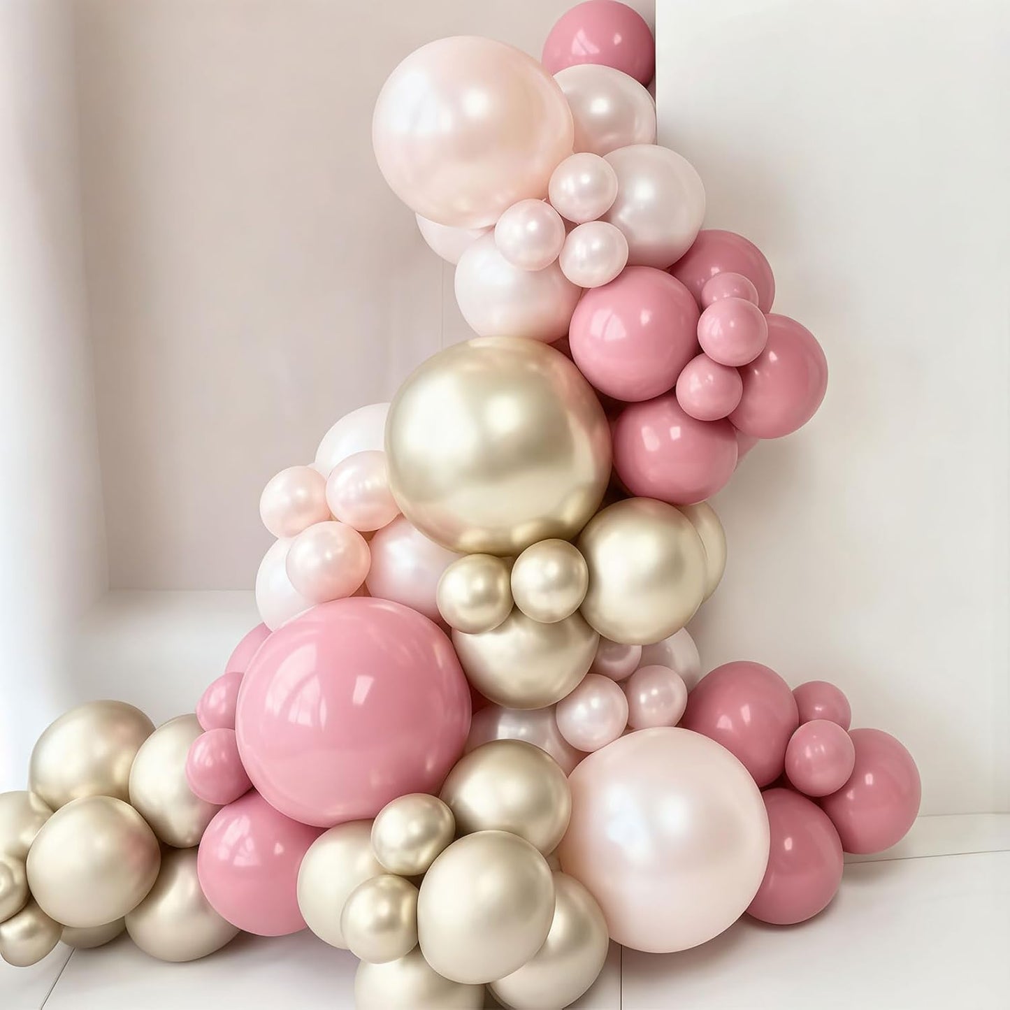 Double Stuffed Pearl Pink Balloons, 50pcs Double Stuffed Dusty Pink Pearl Beige Balloon Gold Balloons for Women Girls Boho Birthday Bridal Baby Shower Wedding Party