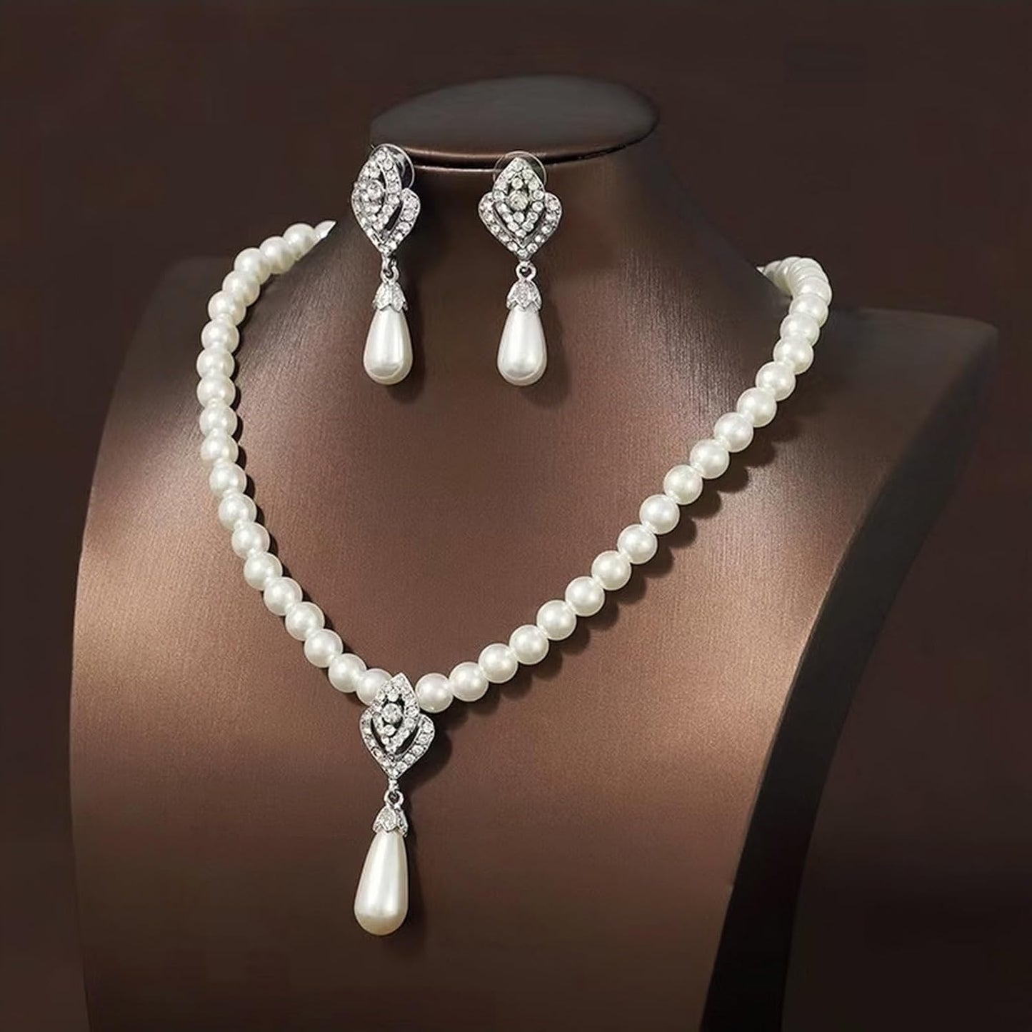 la luen Pearl Bride Wedding Jewelry Set Faux Pearls Crystal Rhinestone Necklace Earrings Bracelet Sets for Women Bridesmaid(3 PCS)