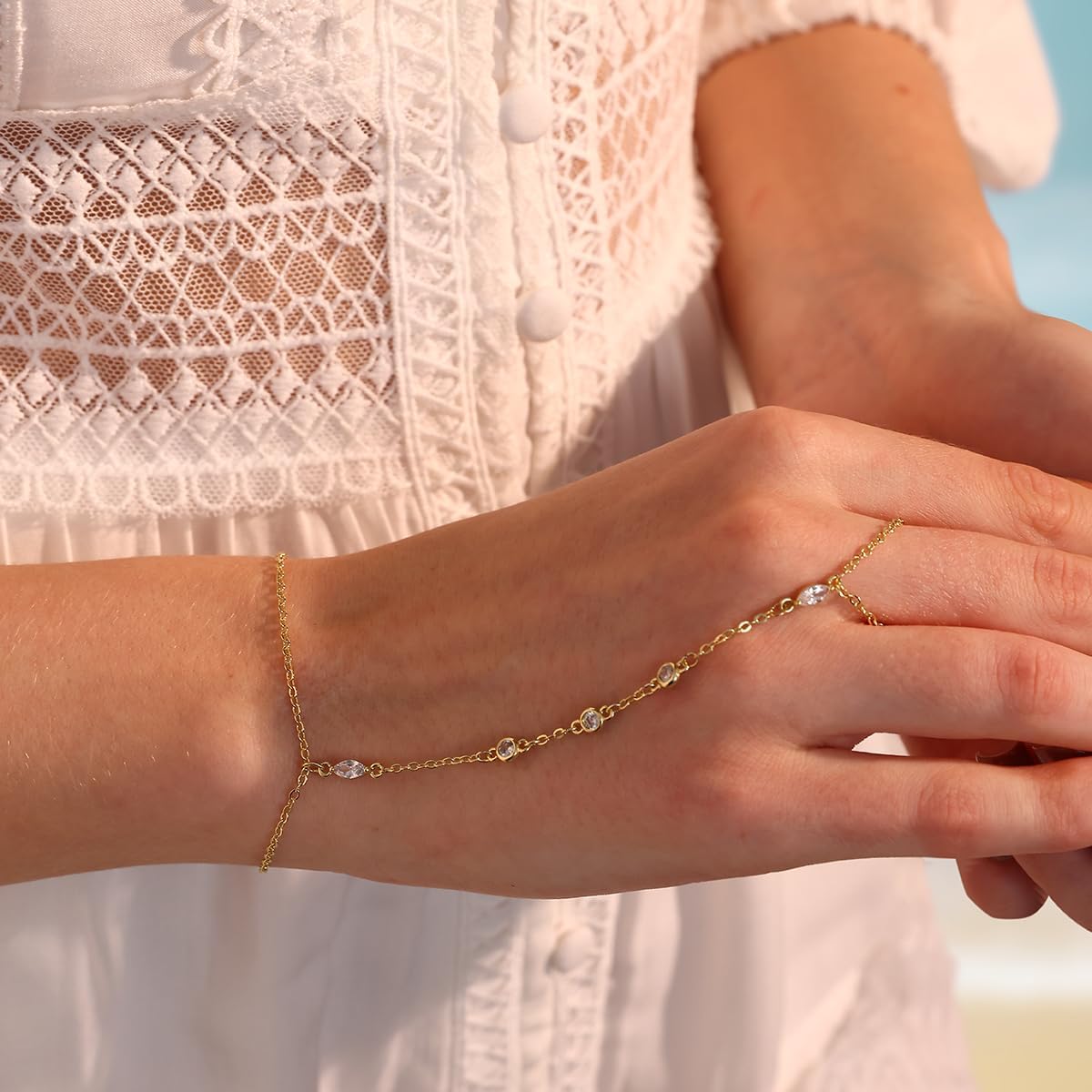 Listine Hand Chain Bracelet 14K Gold Plated Ring Bracelet Hand Chain Trendy Stuff for Women Dainty Hand Bracelets with Finger Ring Hand Jewelry for Women