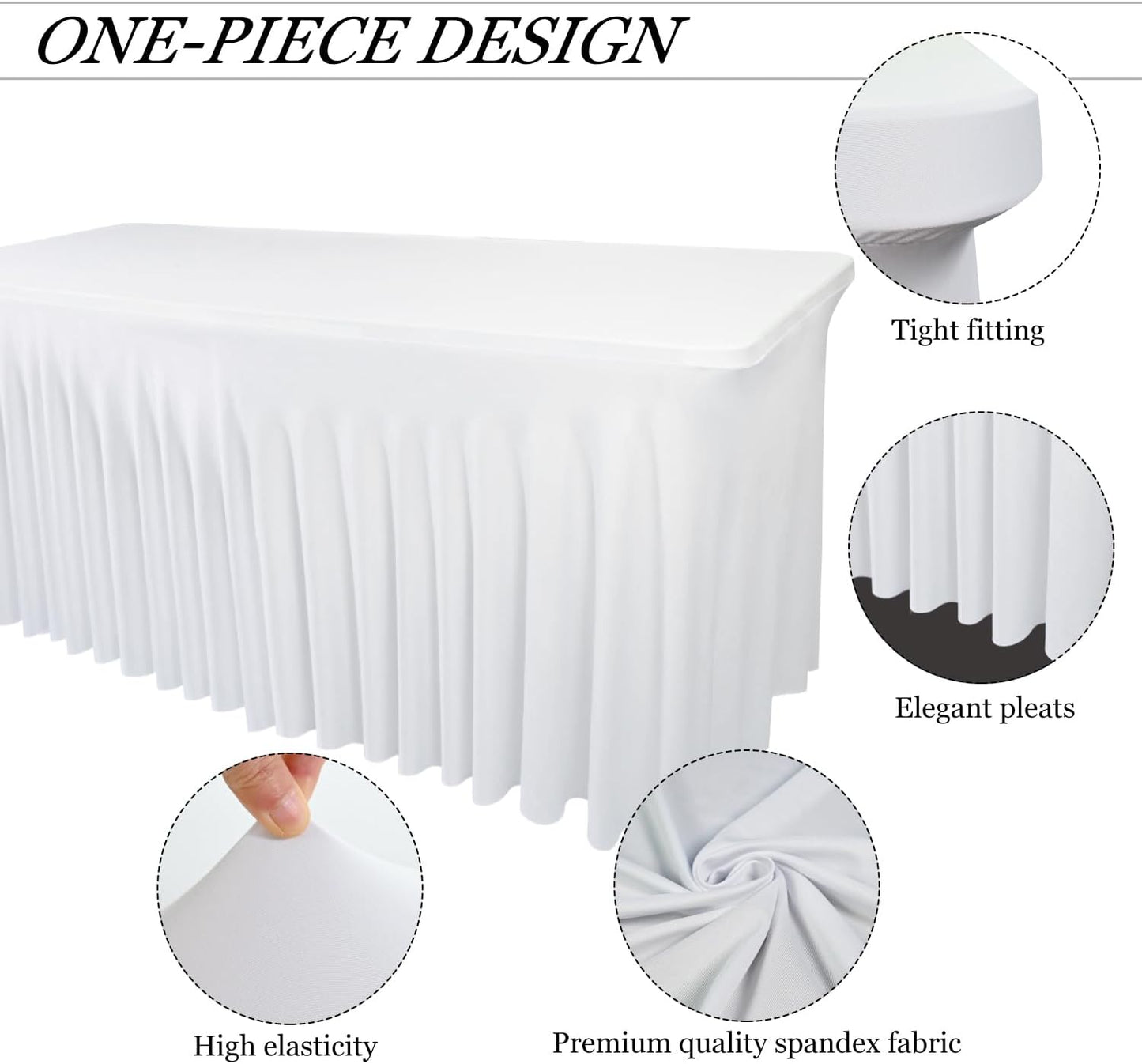 4 Pack - White Spandex Table Skirt for 8ft Tables (96" L x 30" W x 30" H) | Stretch, Washable & Wrinkle-Resistant Fitted Cover | Banquet, Birthday Party Decor