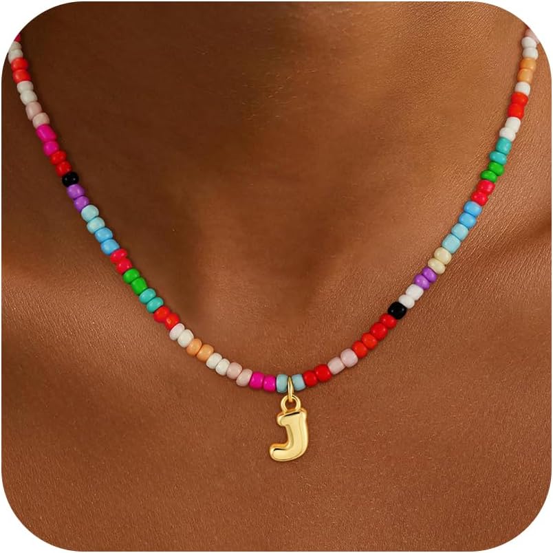 Christmas Gifts for Grandkids Teens Girls - Bubble Colorful Initial Necklaces for Women Teen Girl Trendy Stuff Beaded Initial Necklace Birthday Gifts Stocking Stuffers for Teen Girls Women