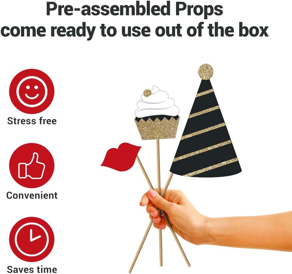 Fully Assembled 70th Birthday Photo Booth Props - Set of 30 - Black & Gold Selfie Signs - 70th Party Supplies & Decorations - Cute Bday Designs with Real Glitter - Did We Mention No DIY