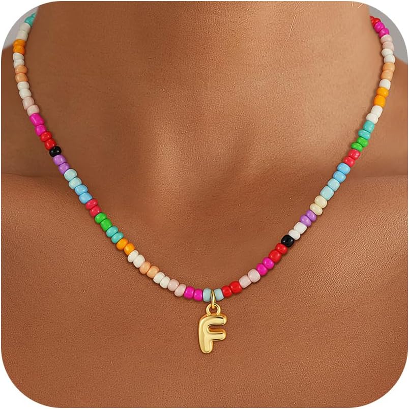 Christmas Gifts for Grandkids Teens Girls - Bubble Colorful Initial Necklaces for Women Teen Girl Trendy Stuff Beaded Initial Necklace Birthday Gifts Stocking Stuffers for Teen Girls Women