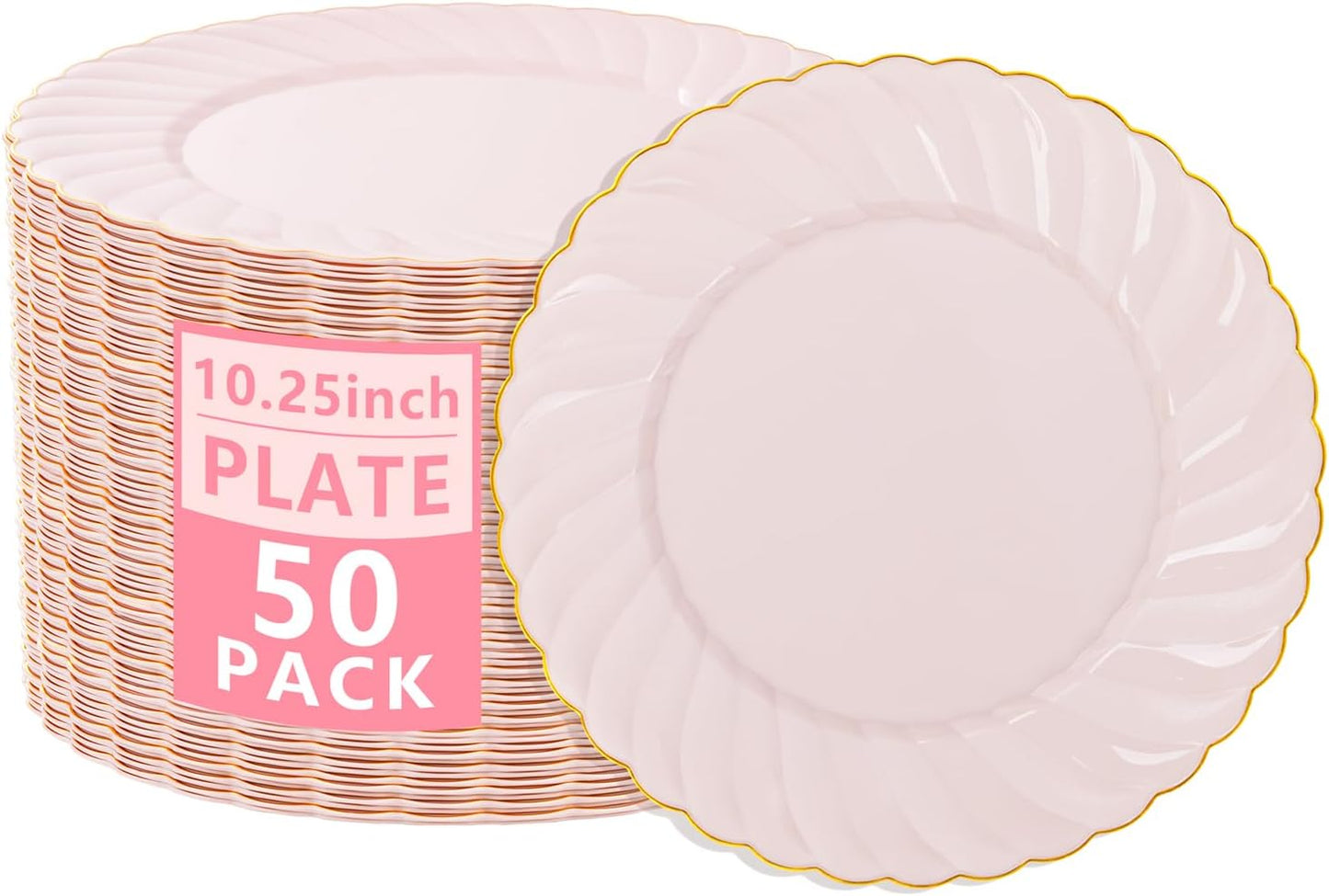 YOUBET 50 Pack Pink Scalloped Plastic Plates - 10.25 Inch Pink Disposable Plates - High End Elegant Vintage Dinner Plate for Party & Weeding & Birthday