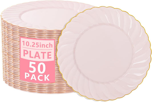 YOUBET 50 Pack Pink Scalloped Plastic Plates - 10.25 Inch Pink Disposable Plates - High End Elegant Vintage Dinner Plate for Party & Weeding & Birthday