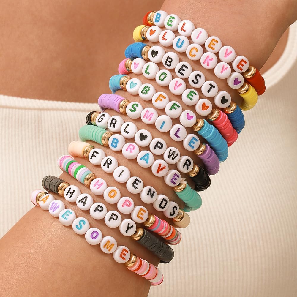 Friendship Bracelets Boho Stackable Bracelets for Women Surfer Heishi Clay Bead Bracelets Stretch Preppy Bracelets Colorful Boho Bracelets for Women