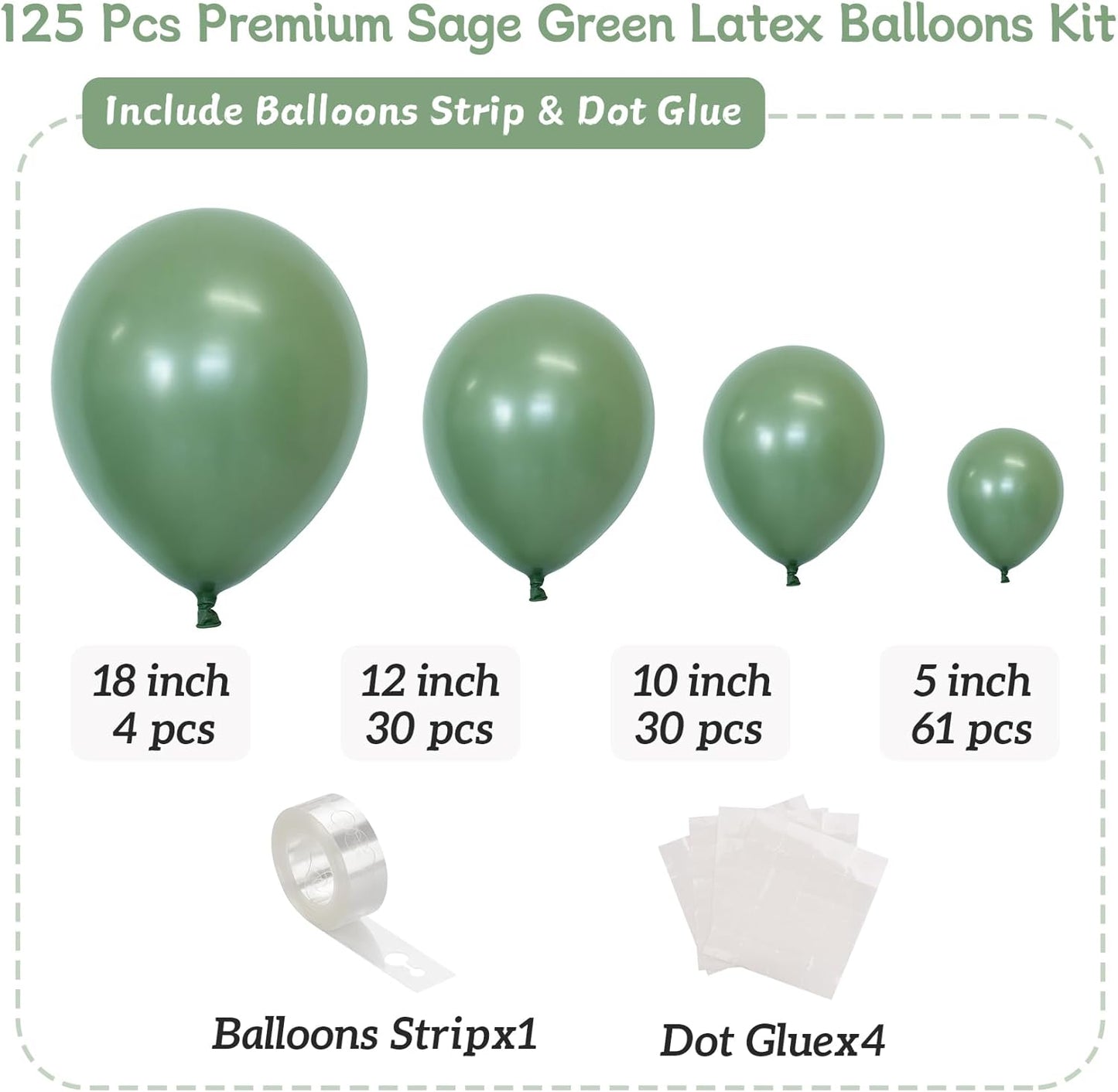 Sage Green Balloons, 125 PCS Assorted Sizes 18 inch, 12 inch, 10 inch, 5 inch - Great for Wedding Decorations, Family Gathering Parties, Balloon Garlands and Balloon Arch