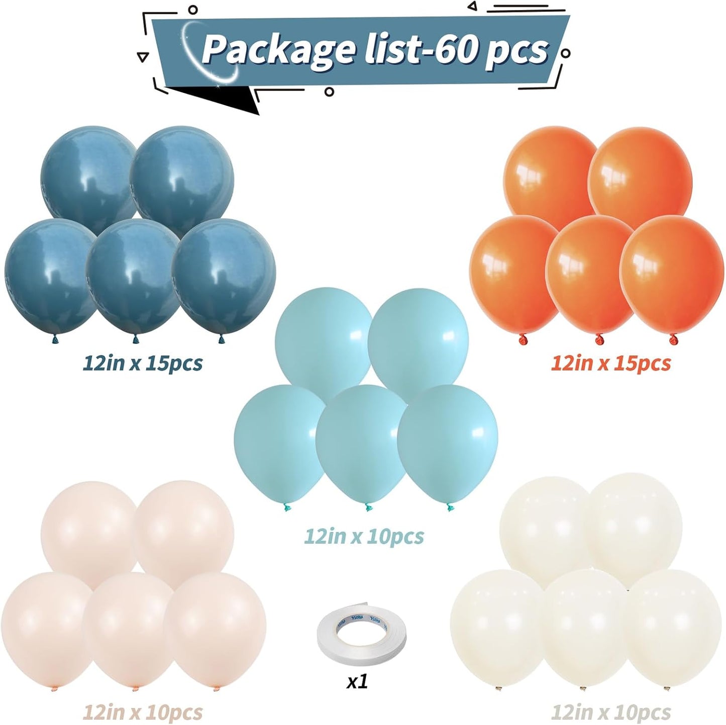 Orange and Blue Balloons, 60 PCS 12 Inch Retro State Blue Pastel Teal Orange Nude Sand White Helium Latex Party Balloons for Boys Birthday Baby Shower Graduation Outer Space Theme Party Decorations