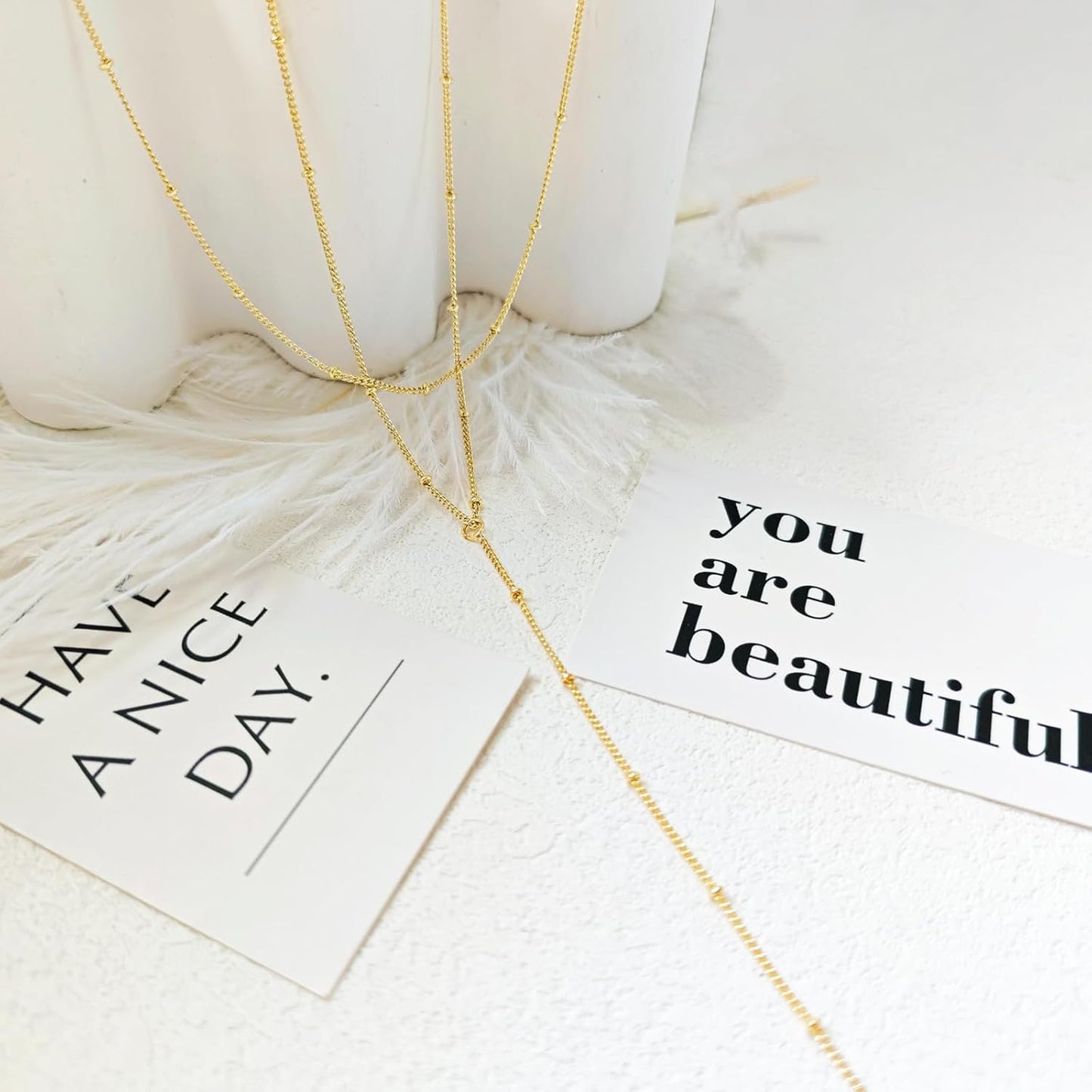 Lariat Gold Necklace for Women, Dainty Long Necklace 14k Gold Plated/Silver Y-Shaped Layered Beaded Chain Drop Necklaces for Women Trendy Simple Gold Jewelry for Women Gifts