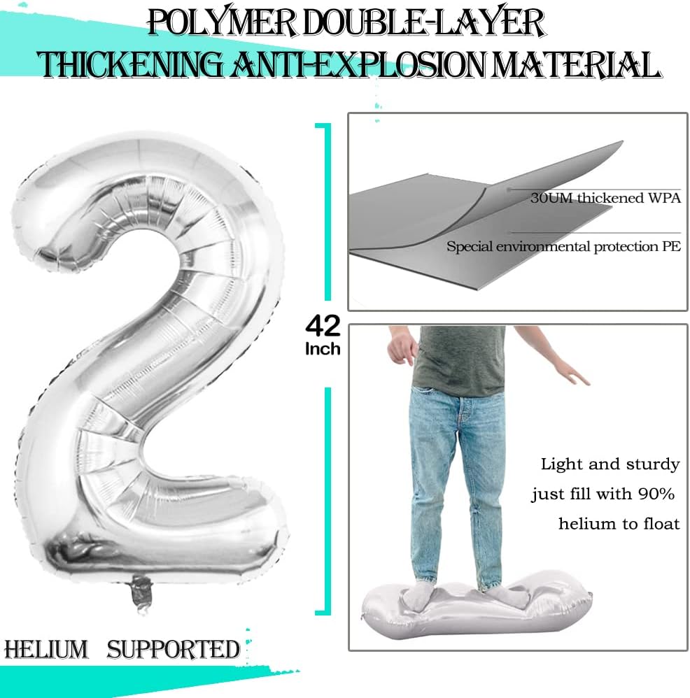 GOER Number 25 Balloons for 25th Birthday Party Decorations,42 Inch Jumbo Foil Helium 52 Balloons for 52nd Birthday Party Decoration (Silver)